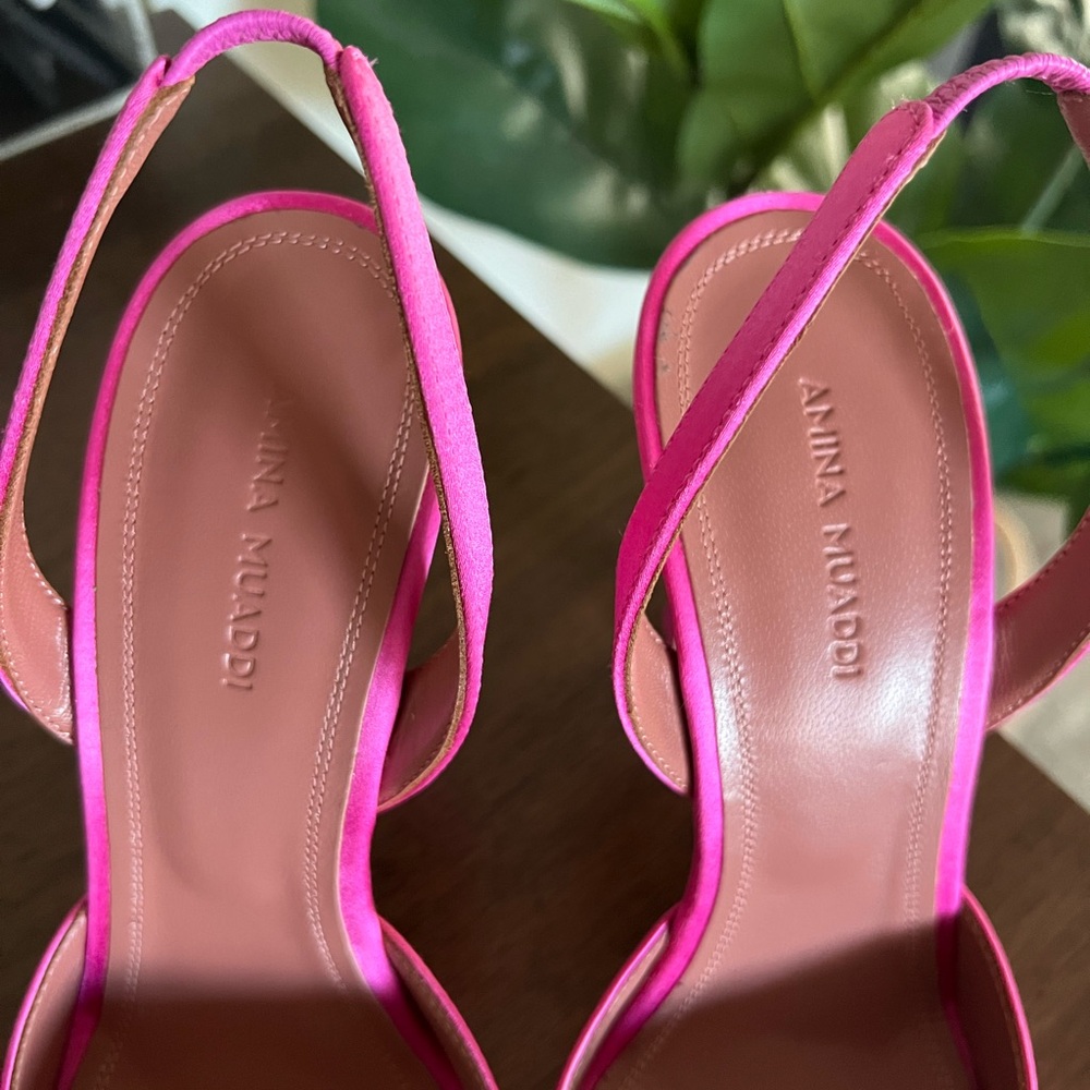 Amina Muaddi Pink Satin Camelia Sling 105 - Picture 3 of 9